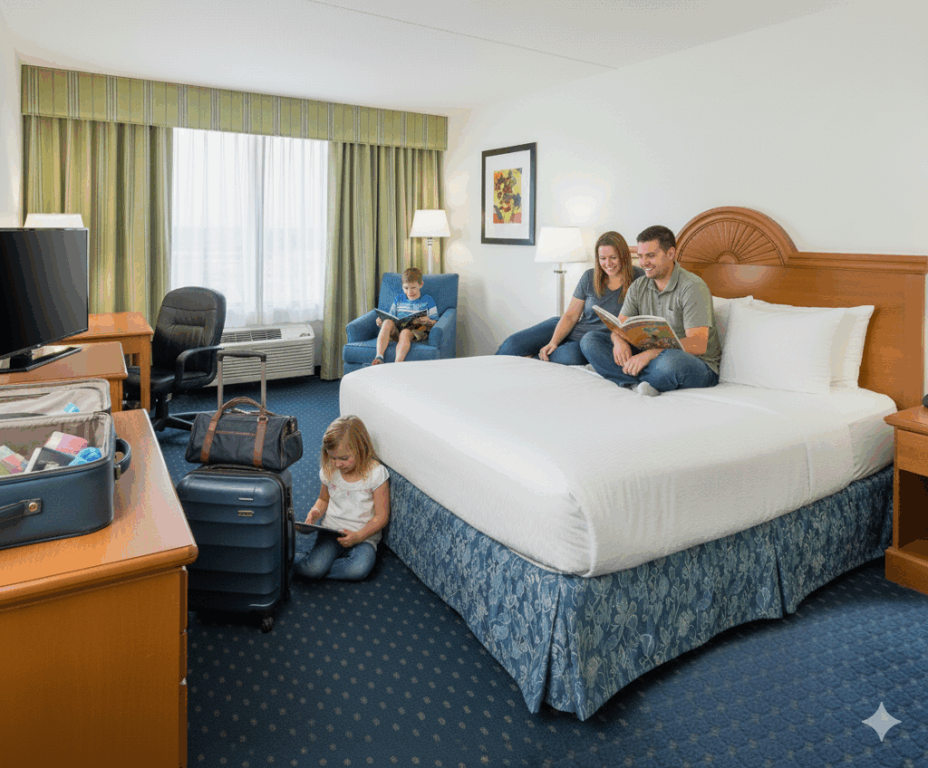 a family in a hotel room
