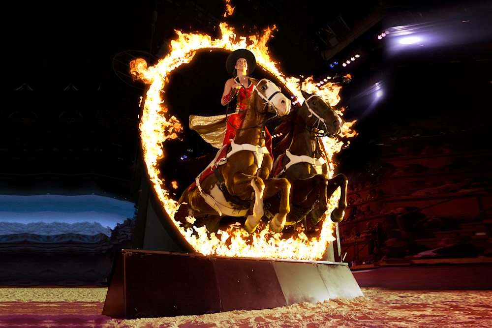 Dolly Parton’s Stampede arena in Branson Missouri featuring 32 performing horses aerial acrobatics and a four-course dinner show